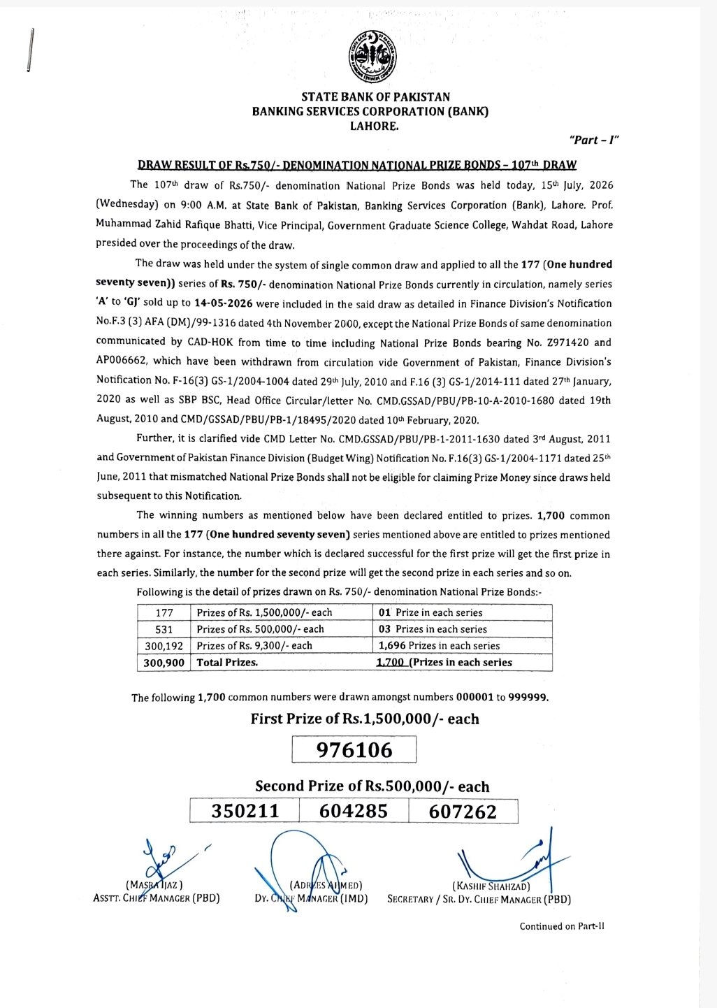 Rs. 750 Prize Bond Draw No. 107 official result sheet page 1