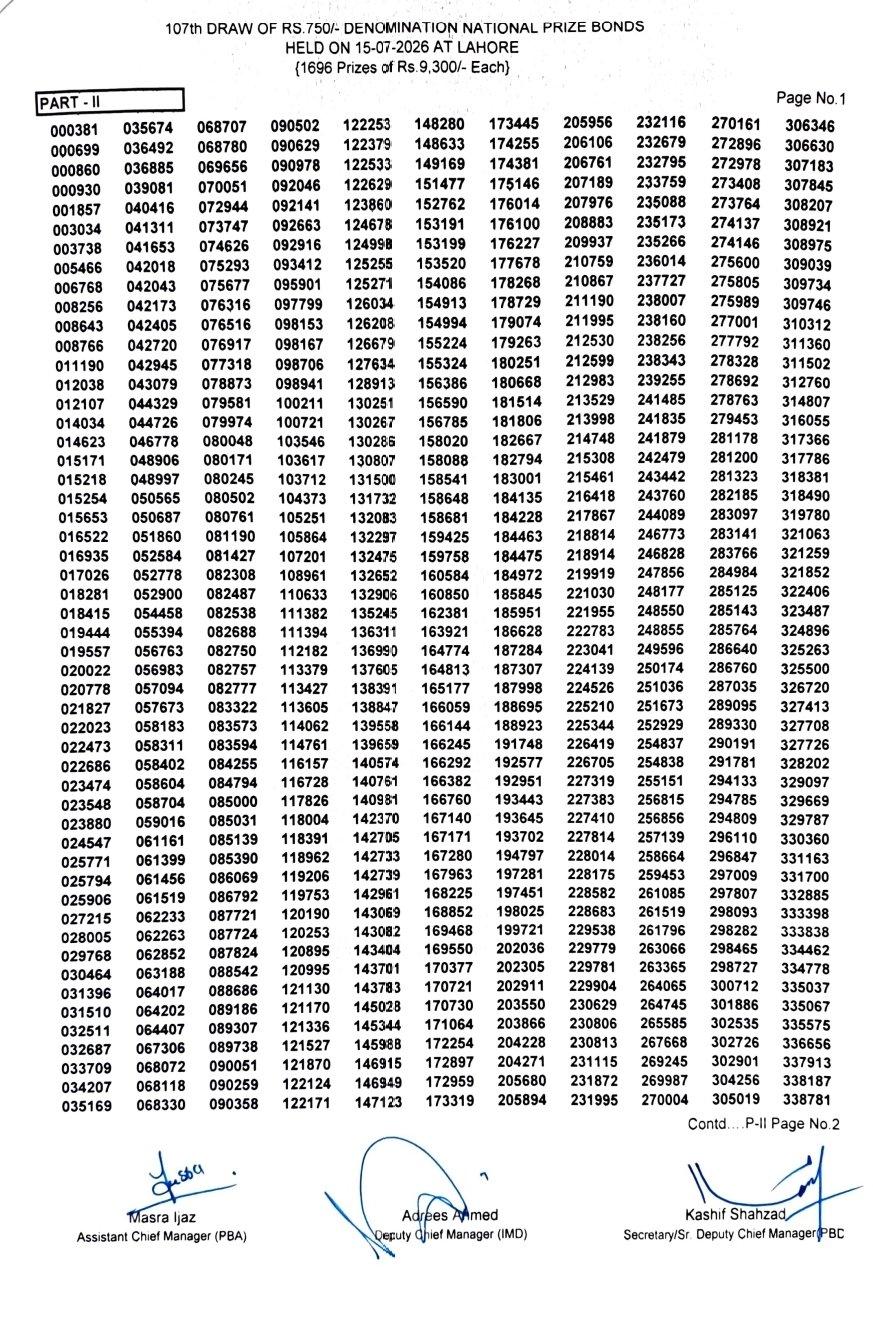 Rs. 750 Prize Bond Draw No. 107 official result sheet page 2