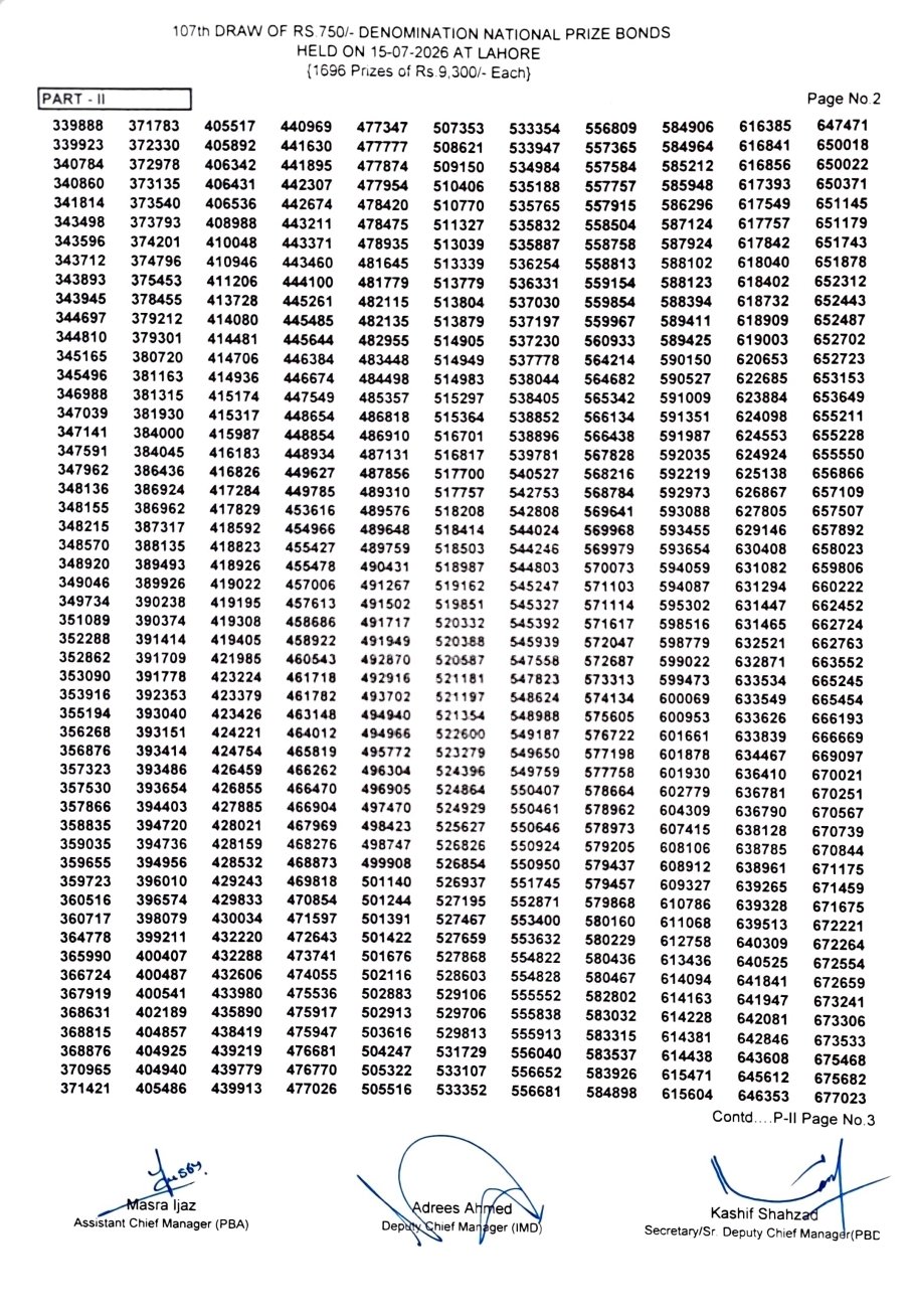 Rs. 750 Prize Bond Draw No. 107 official result sheet page 3